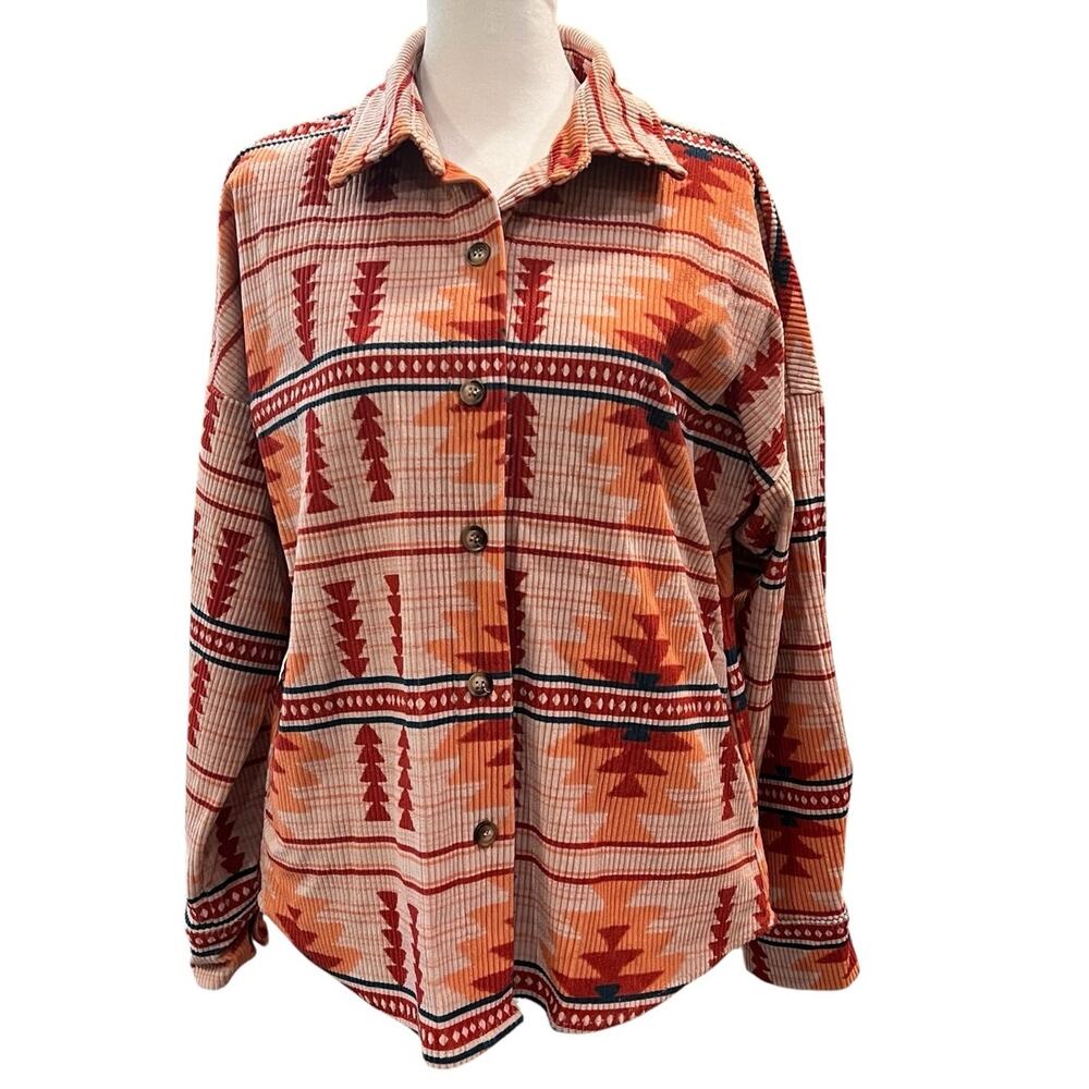 Savanna Jane Aztec Print Corduroy Shacket Size Small Pockets Orange Red Blue